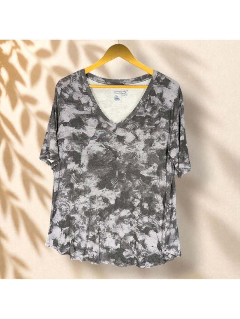 Terra & Sky T-Shirt Women 0X Plus Gray Tie Dye V-Neck Short Sleeve Pullover